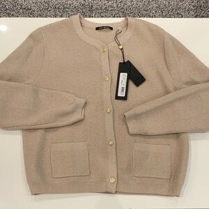 NWT. Kobi Halperin Light Beige Textured Crewneck Cardigan with Gold Buttons